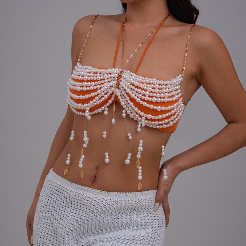 Catena per il petto con perline da bikini da spiaggia, catena per il corpo con frange di perle multistrato_voghion.com