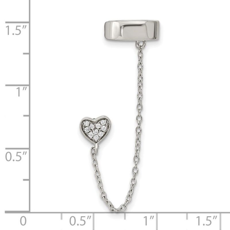 Sterling Silver RH-plated CZ Heart W/ 2in Chain Single Post & Cuff Earrin_voghion.com