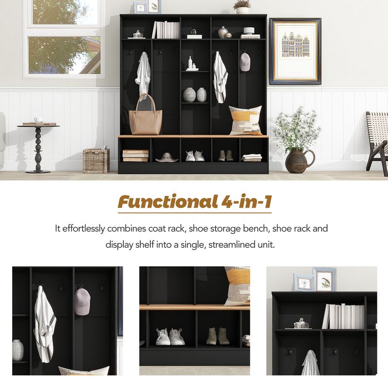 ON-TREND Wide Design Hall Tree With Storage Bench, Minimalist Shoe Cabinet With Cube Storage & Shelves, Multifunctional Coat Rack With 8 Hooks For Entryways, Mudroom, Black (OLD SKU: SD000021AAB)_voghion.com