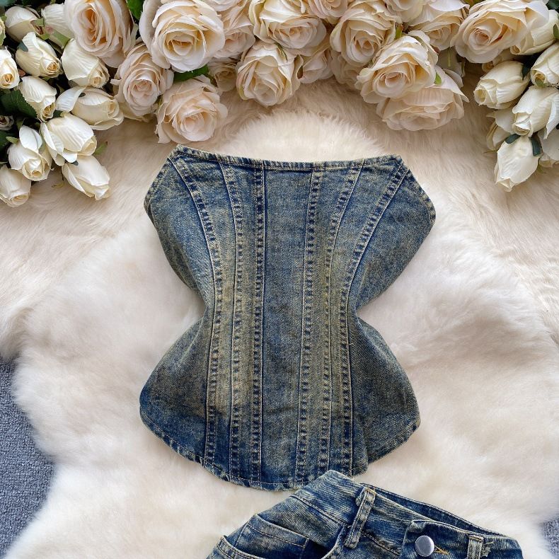 Dámský džínový oblek ve stylu Retro pure lust hot girl pro ženy s designovým tubusovým topem + s vysokým pasem zeštíhlující dlouhá sukně s rozparkem rybího ocasu_voghion.com