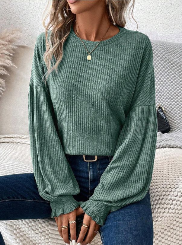Women's Clothing Casual Long Sleeve Round Neck T-Shirt - Loose Fit Ribbed Texture Polyester Blend Top_voghion.com
