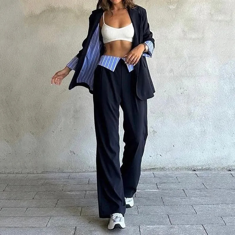 Giacca da donna con design alla moda, giacca interna a righe, polo, pantaloni con risvolto, abito da temperamento per donna_voghion.com