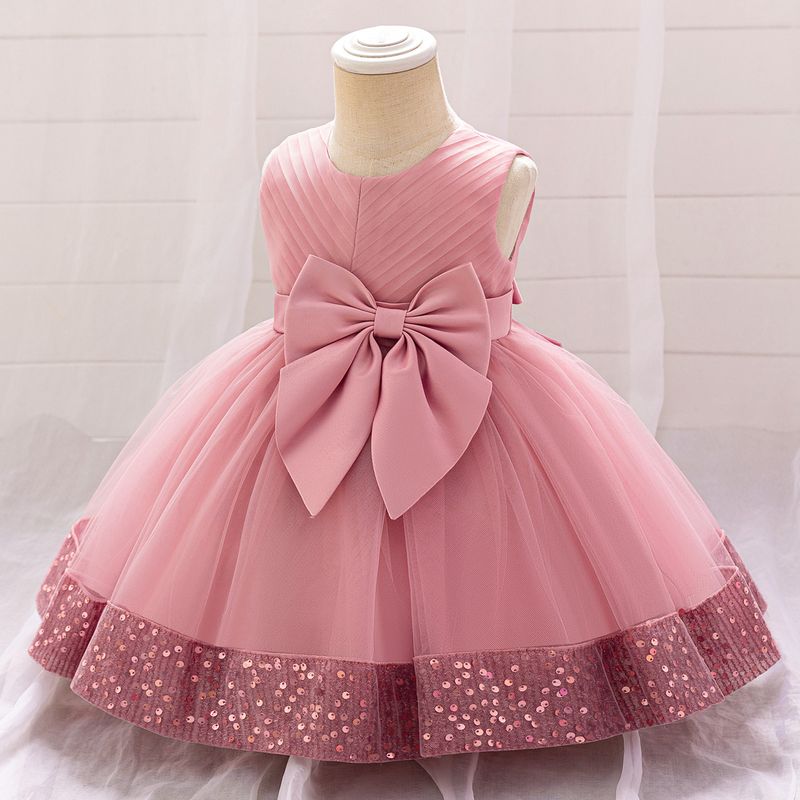 Baby Christening Gown (70-110cm/6M-3Y) | Sparkling Tulle Dress With Oversized Bow For Baptism & Birthday_voghion.com