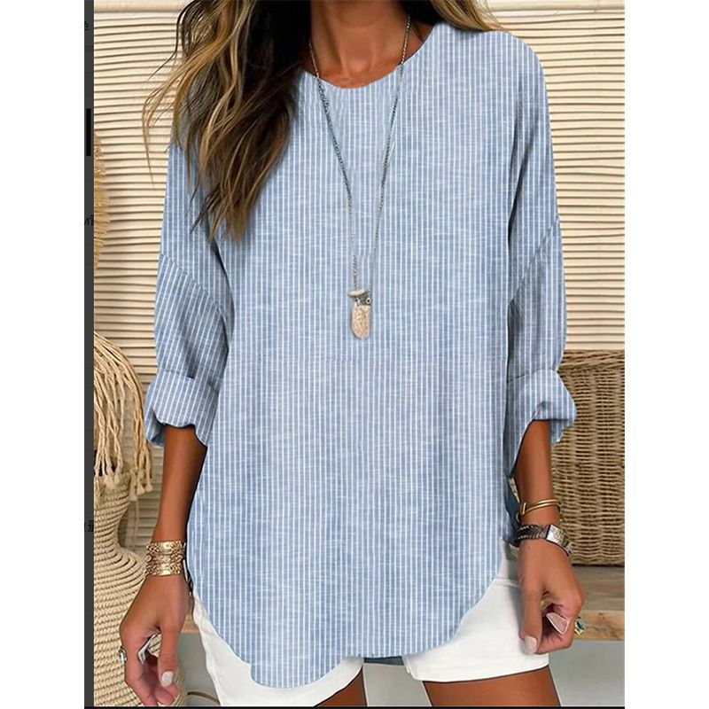 Women's Casual Loose-Fit Striped Woven Top With Round Neck – Comfortable Long Sleeve Blouse For Spring & Everyday Wear_voghion.com