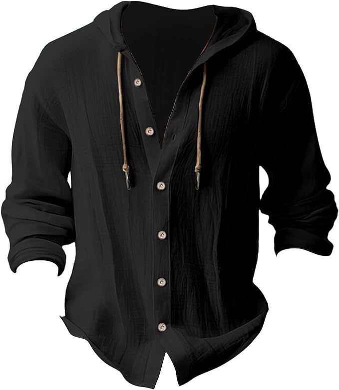 Herren Strand Freizeithemden Baumwolle Leinen Kapuze Langarmhemd Mann Mode Lose Feste Knopf Strickjacke Streetwear Tops Kleidung_voghion.com