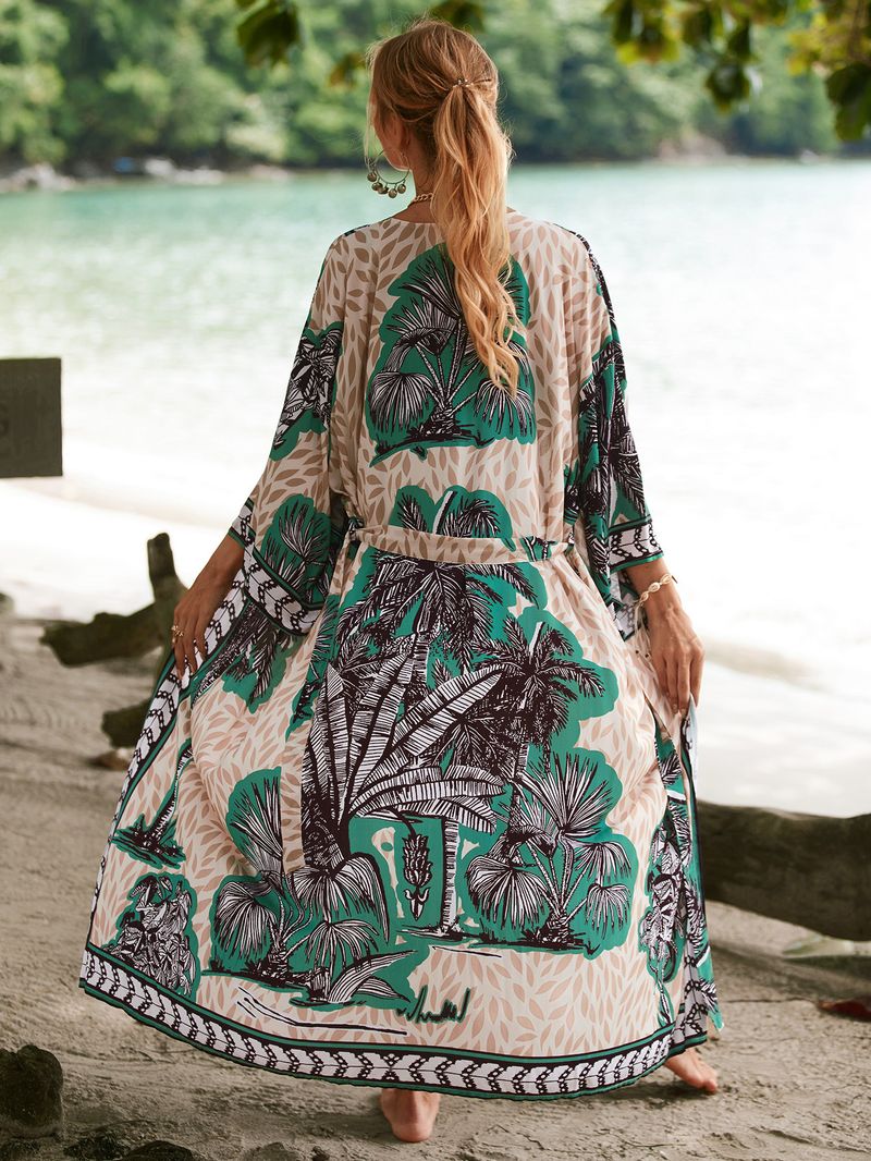 Women's Beach cover-up rayon positioning printed cardigan holiday sun protection shirt _voghion.com