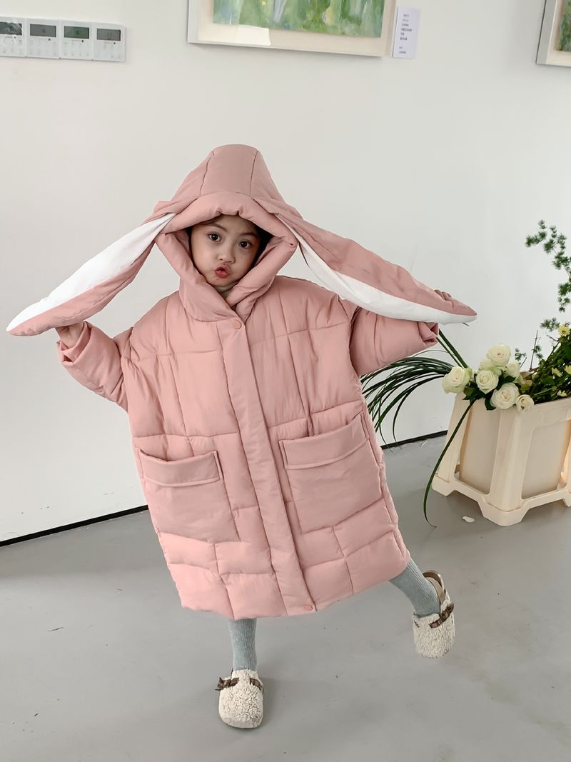 Children's Winter Cotton-padded Jacket For Boys And Girls Rabbit Ears Hooded With Rotator Sleeve Medium Long Cotton-padded Coat_voghion.com