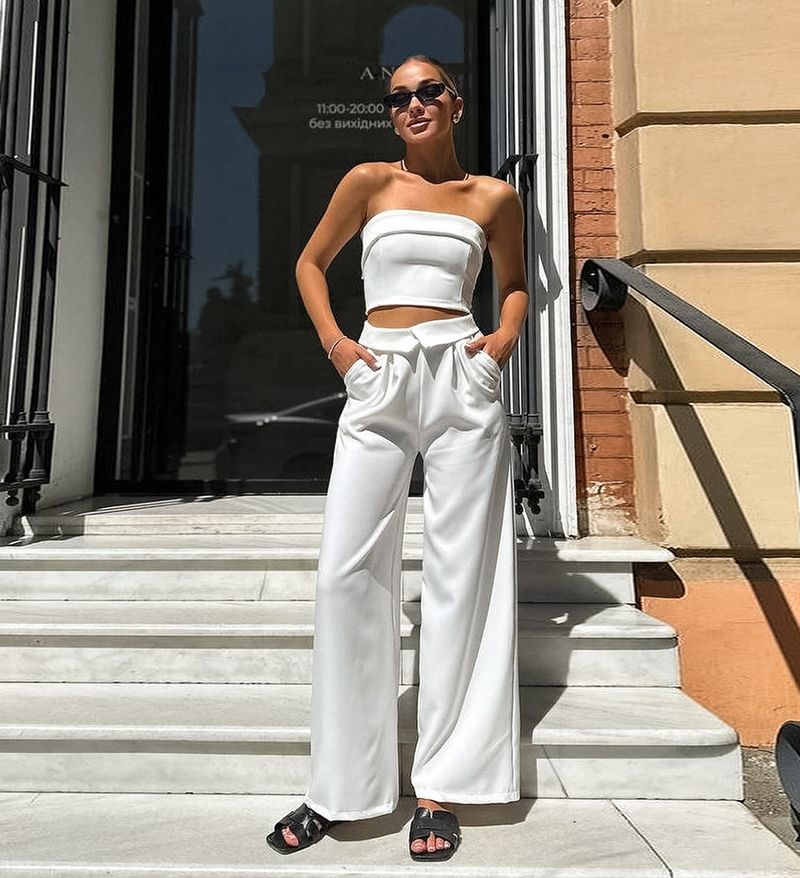 Damenbekleidung Weißes Tube-Top Weste Hohe Taille Lose Schlanke Hose Anzug Mode Neuer Zweiteiler Anzug Für Frauen_voghion.com