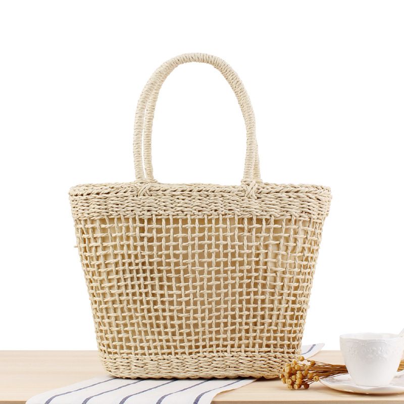 Sac à main bohème fait à la main en paille creuse pour femmes, sacs de plage tissés d'été, fourre-tout à poignée supérieure, sac en filet à la mode en maille_voghion.com