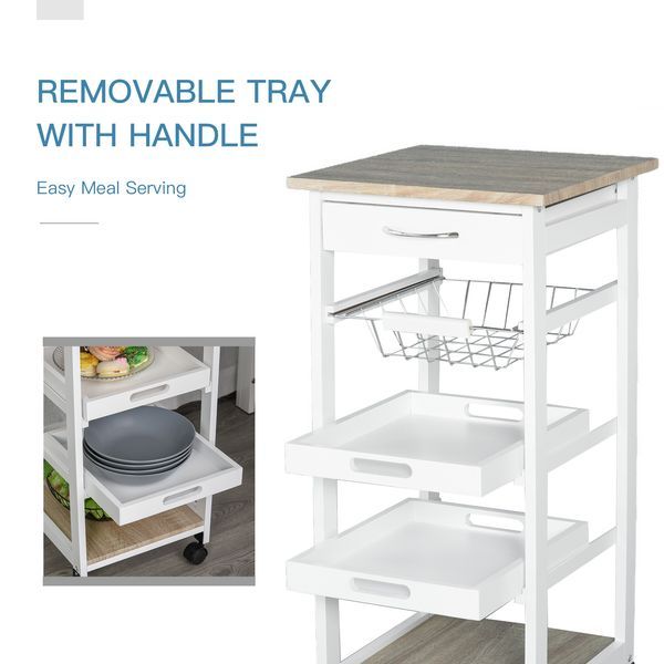 HOMCOM Rolling Kitchen Cart Kitchen Trolley, Mobile Prep Station With Drawer, Shelves, Basket, White_voghion.com