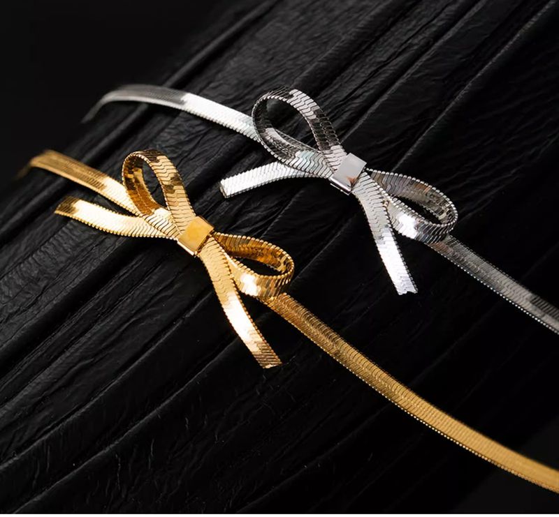 Bow Choker Necklace - Flat Snake Chain Collar (Adjustable Minimalist Gift Box Included)_voghion.com