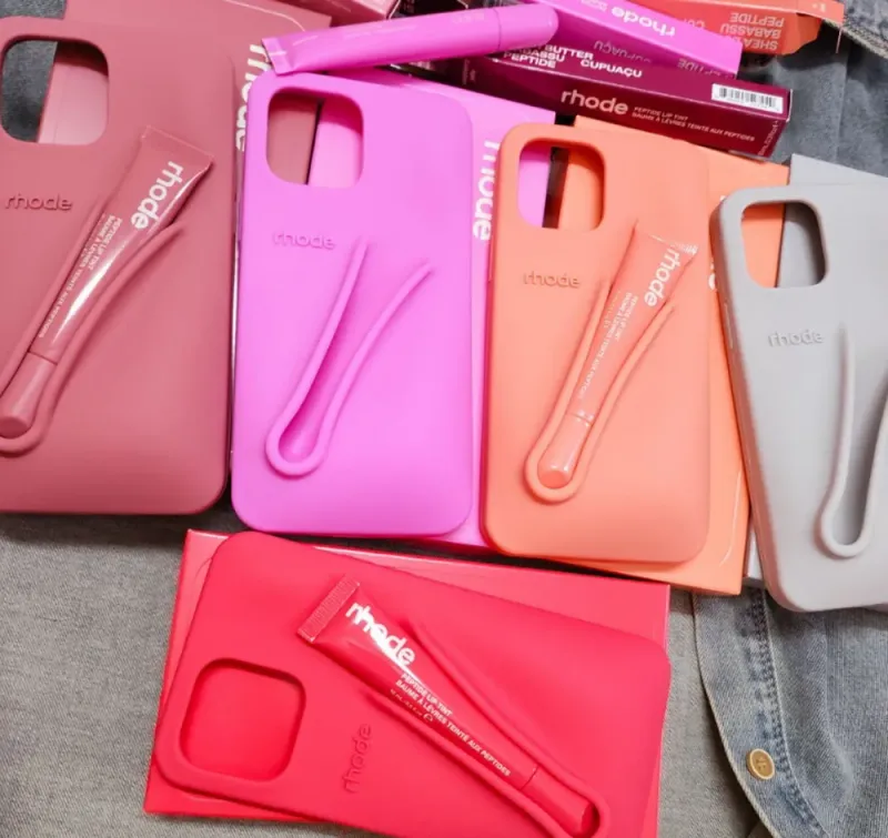 3pcs/set(case+box+lipstick) Rhode Iphone 16 Pro Max Cases Rhode Phone Case Portable Design Lip Gloss Lipstick 3D Make-Up_voghion.com