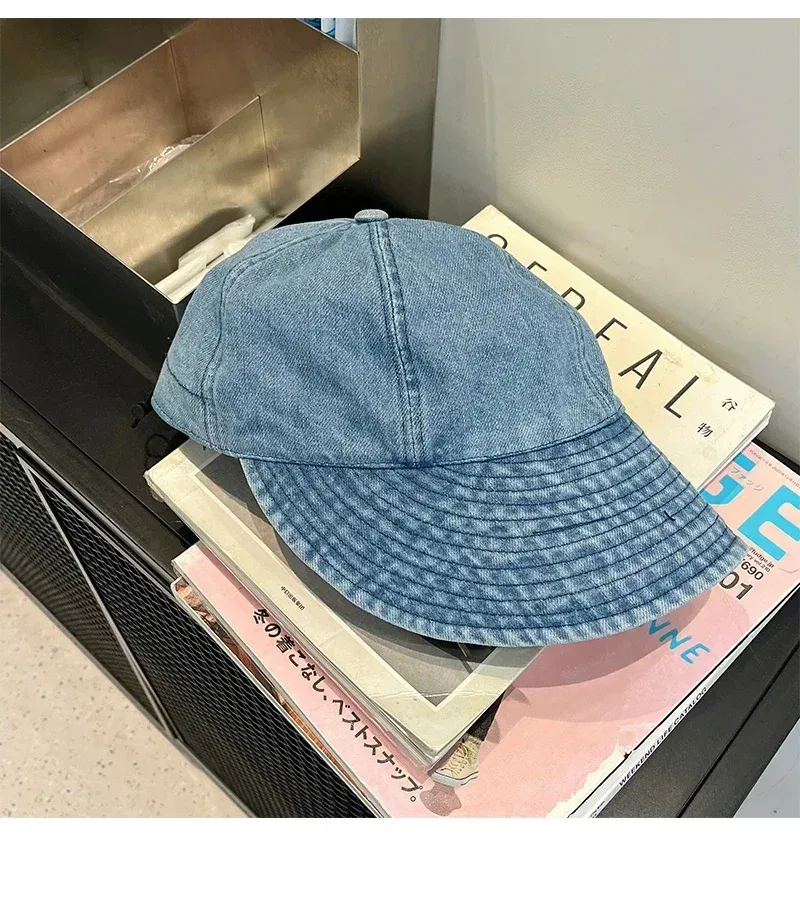 Vendita calda retrò coreano estivo berretto con visiera moda denim visiera cappello a becco d'anatra regolabile con coulisse tesa larga blu per le donne_voghion.com