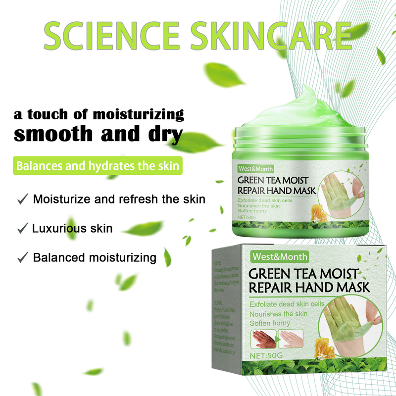 Maska do rąk West&Month Green Tea Repair Hand Mask nawilża, odżywia i zmiękcza skórę, zapobiegając powstawaniu suchych pęknięć,_voghion.com