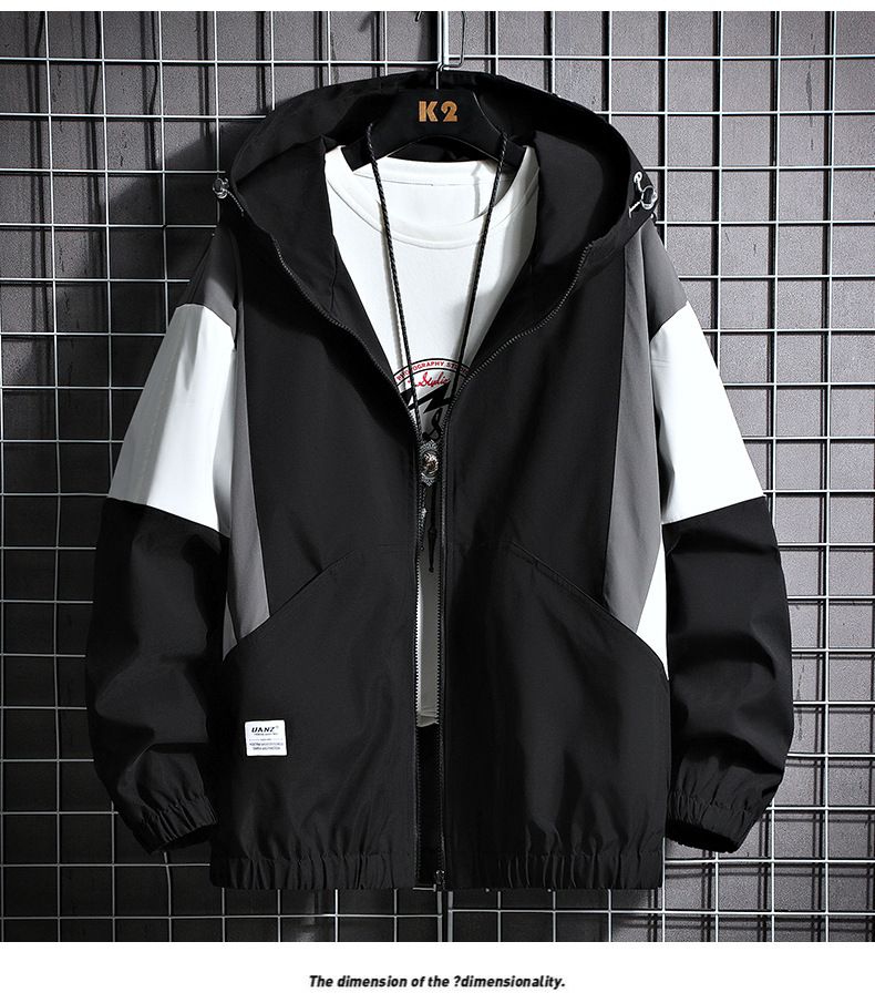 Giacca a vento unisex con cappuccio color-block – Giacca oversize alla moda per uomo e donna, cappotto casual leggero con cerniera (beige/blu navy/nero, S-3XL))_voghion.com