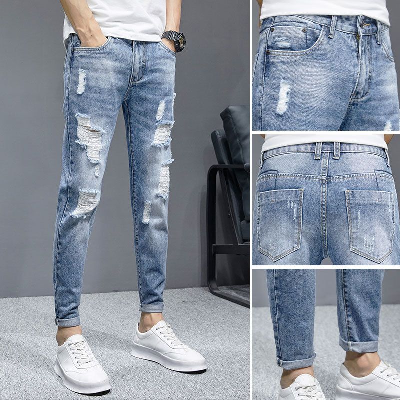 Ripped Jeans Men Summer Nine Points Slim Straight Loose Casual New Thin Style Beggar Pants_voghion.com