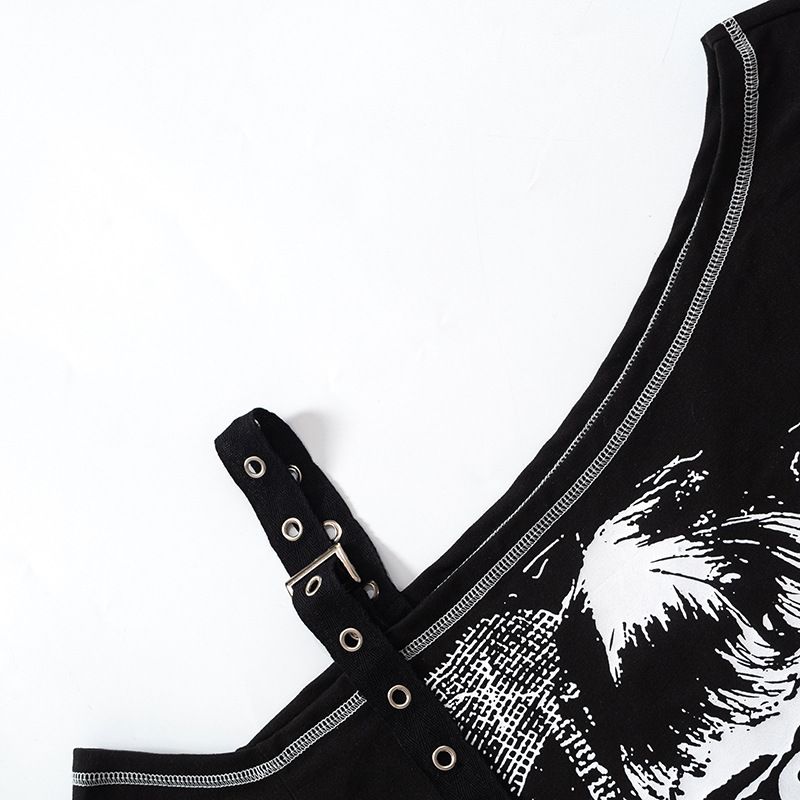 M22TP5482024 Haut imprimé Ceinture Boucle Sangle Épaule diagonale Un seul côté Manches 7/4 Vêtements pour femmes_voghion.com