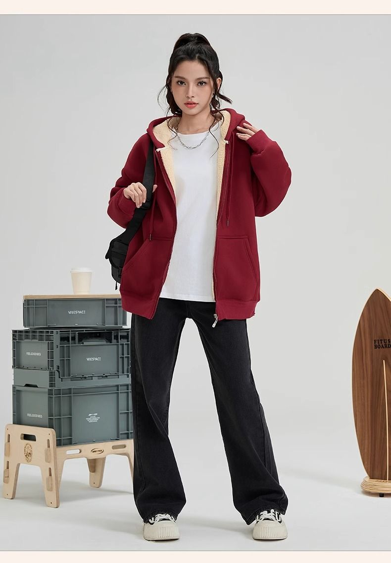 Verdicktes Strickjacke-Sweatshirt mit Zusatz für Männer Frauen, Herbst- und Winterkleidung 2024, dickes Lammfleece mit Kapuze_voghion.com