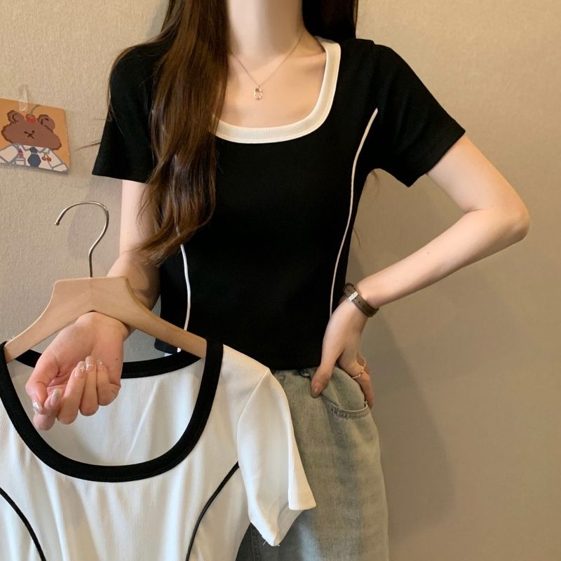 Shoulder sleeved T-shirt for women in summer, unique and chic color blocking, square neck shirt with contrasting colors,_voghion.com