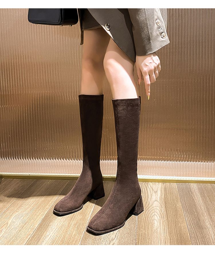 below The Knee Suede High Heel Square Head Shorty Long Boots_voghion.com