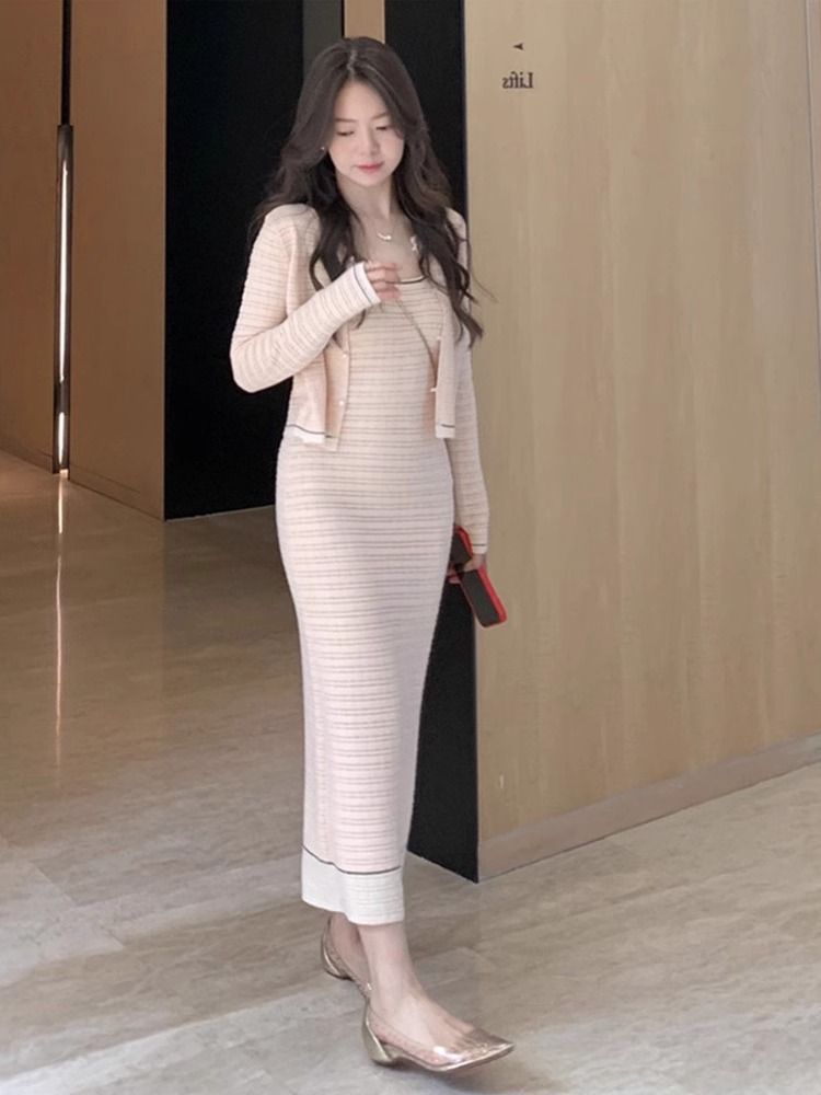 Pink Knitted For Women Spring And Autumn 2025 Lazy Chic Design Cardigan Sweater With Camisole Dress Two-Piece Set_voghion.com