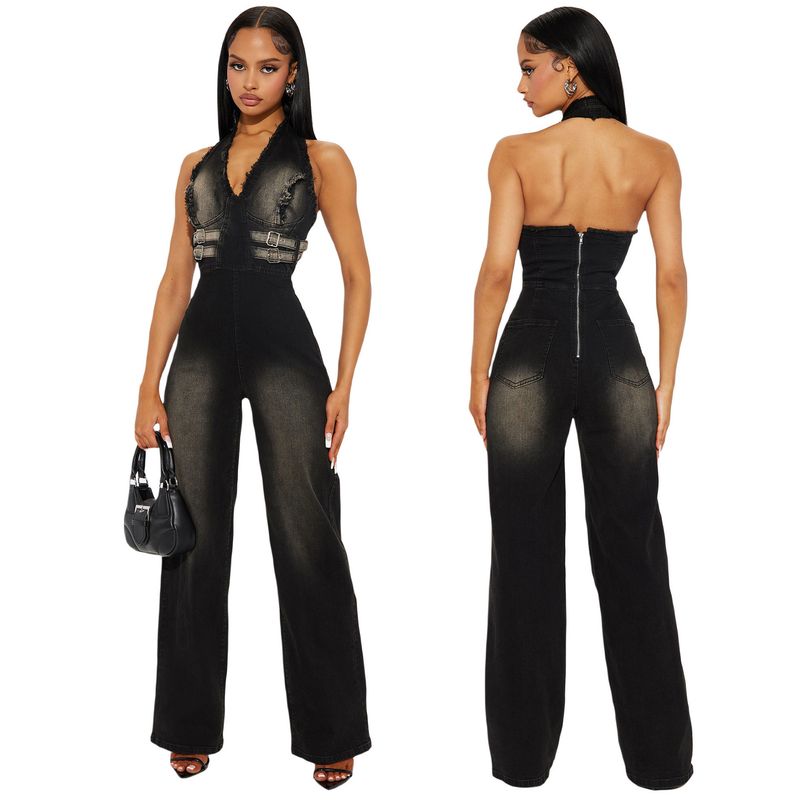 Women's Clothing Tight Waist Slim Elastic Washed Denim Jumpsuit Halter Neck Loose Jumpsuit_voghion.com