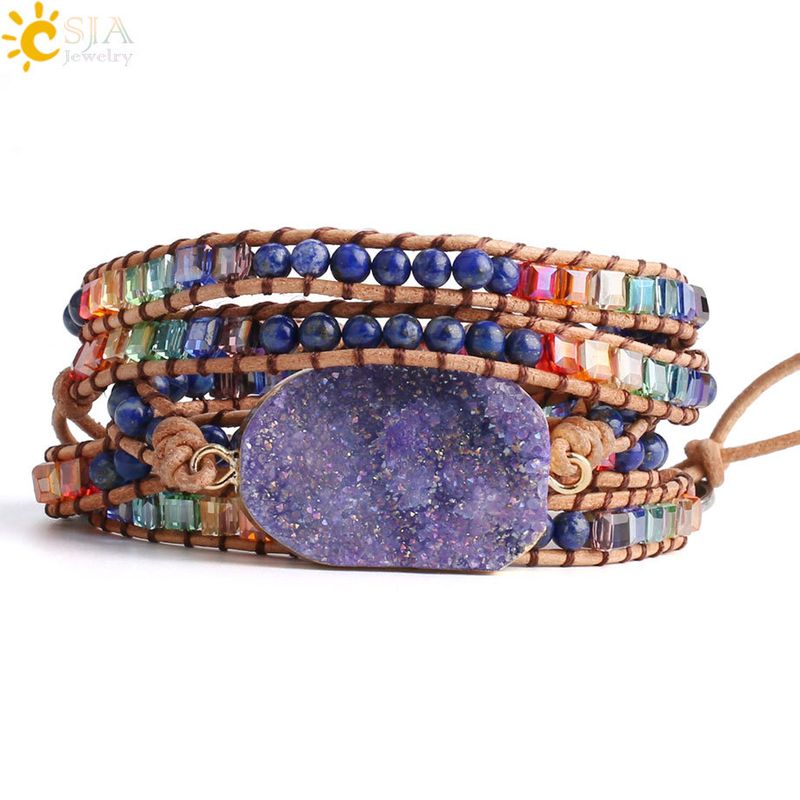 CSJA Irregular Crystal Multi-layer Wrapped Leather Purple Druzes Quartz Beaded Bohemian Handmade Bracelet_voghion.com