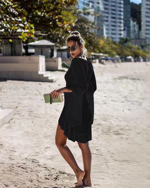 Traje de baño de bikini de vacaciones para cubrir la playa calado de punto camisa de protección solar para mujer ropa de protección solar_voghion.com
