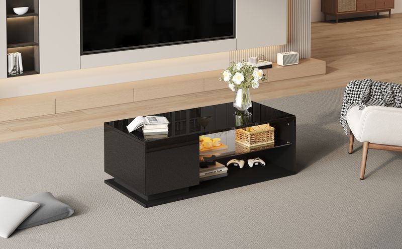 Table basse LED avec rangement, table de salon brillante avec bande lumineuse, 105 x 50 x 36 cm_voghion.com