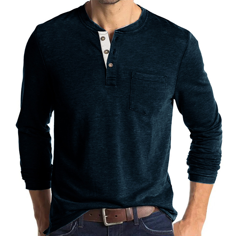 Henley-T-Shirts für Herren mit Knopfleiste, langen Ärmeln und Tasche, entspannte Passform, 100 % schwere Baumwolle_voghion.com