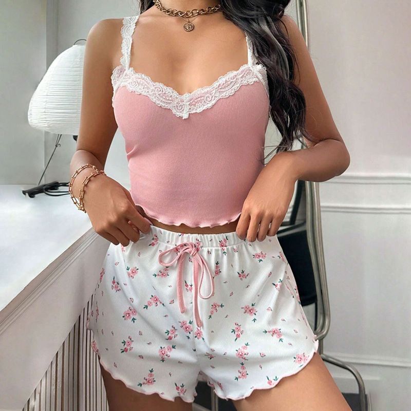 Women's Pajamas Loungewear,Lace Suspender Shorts Set ,Comfortable Elastic Home Casual Wear_voghion.com