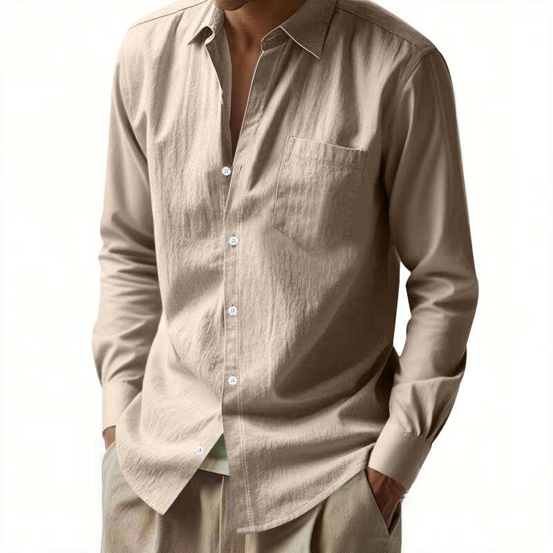 Chemise décontractée en lin pour homme – Chemise boutonnée respirante avec col à revers (blanc/noir/vert kaki/bleu clair, tailles S à XXXL)_voghion.com