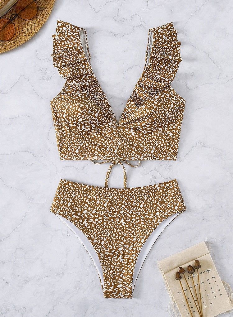 Maillot de bain fendu multicolore à volants et col en V pour femme, bikini taille haute fendu_voghion.com