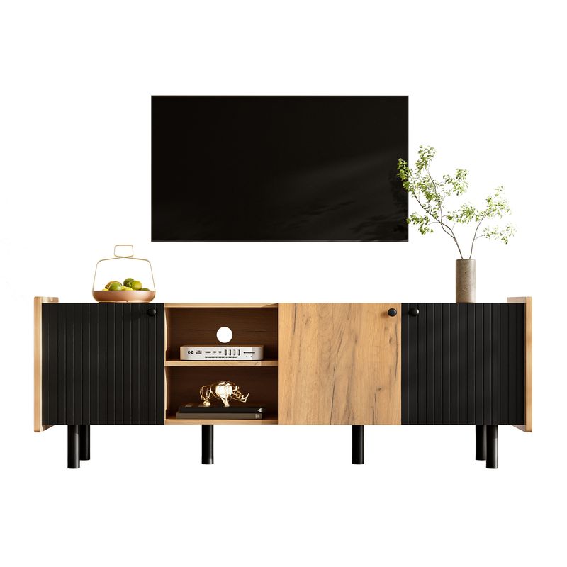 Meuble TV noir et bois 160 cm – Style moderne avec trois portes et deux étagères ouvertes_voghion.com
