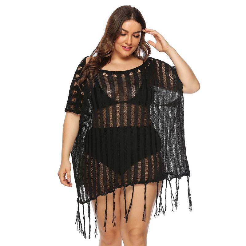 Durchsichtiges Strandkleid mit einreihigem Kragen und ausgehöhltem Saum für Damen in Übergröße_voghion.com