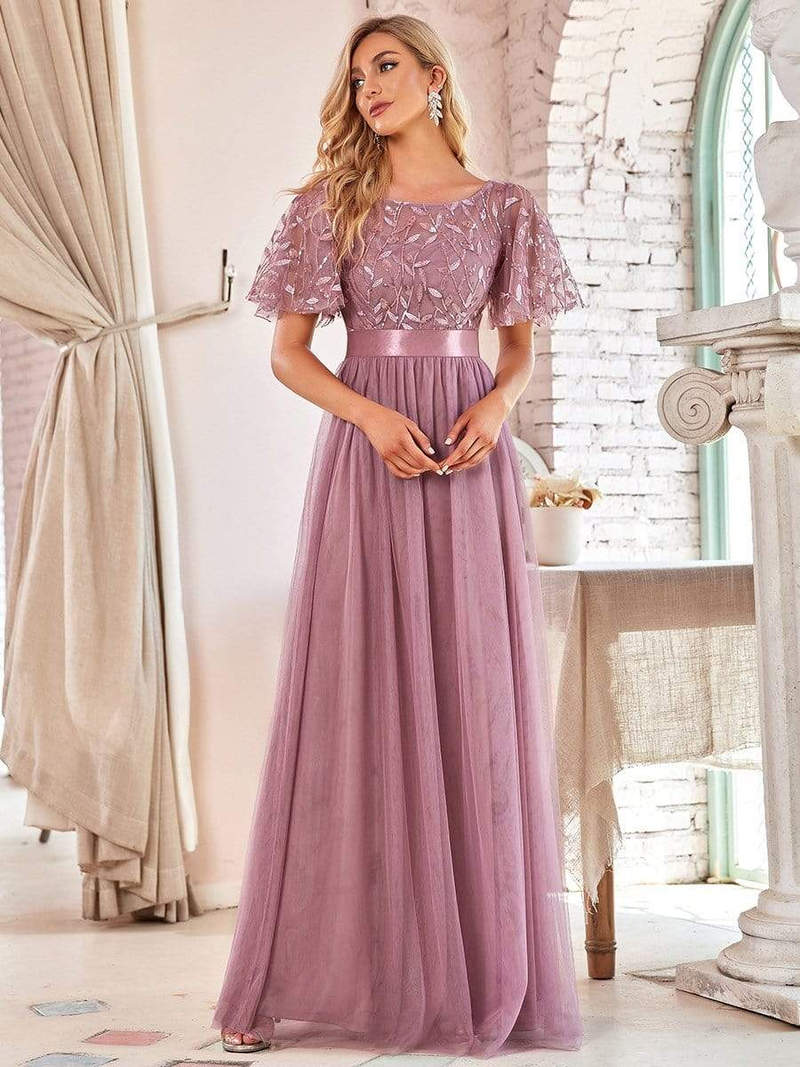 Robe De Soiree Bleščeče večerne obleke, dolge, a-kroja, O-izrez, formalne obleke s kratkimi rokavi, ženske, elegantne obleke, vestido iz tila z bleščicami_voghion.com