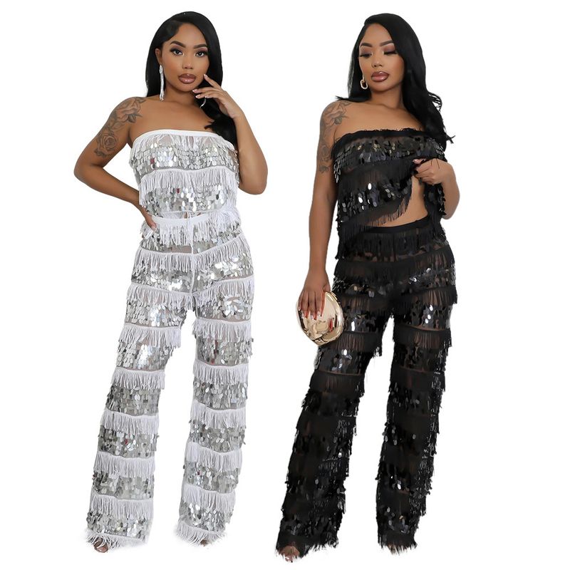 Conjunto de top corto sin tirantes y pantalón ancho: un conjunto sexy y chic de dos piezas para mujer_voghion.com