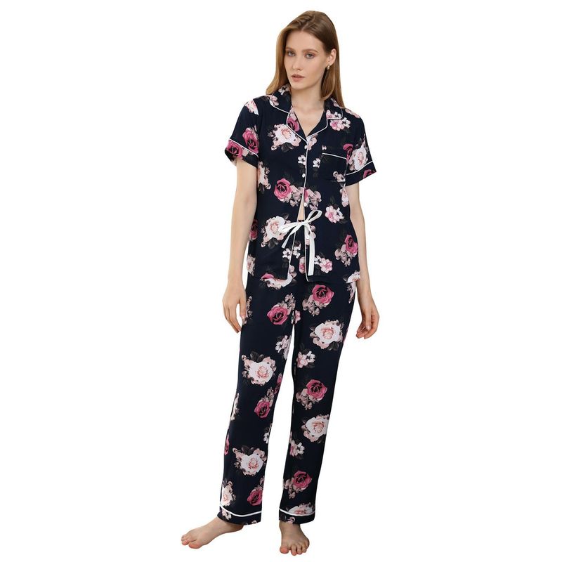 Pyjama Dames Zomer Plantenprint Korte Mouw Shirt Lange Broek Tweedelige Set Huiskleding Pamas_voghion.com