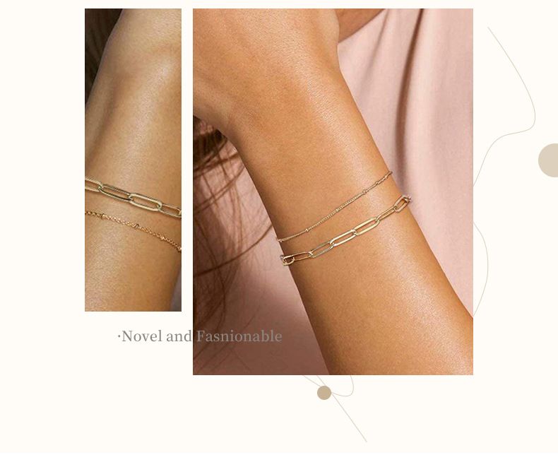 Pulseira feminina de clipe de papel com cabo de camada dupla de ouro requintado, geométrica, extensível, personalidade, pequena pulseira de presente_voghion.com