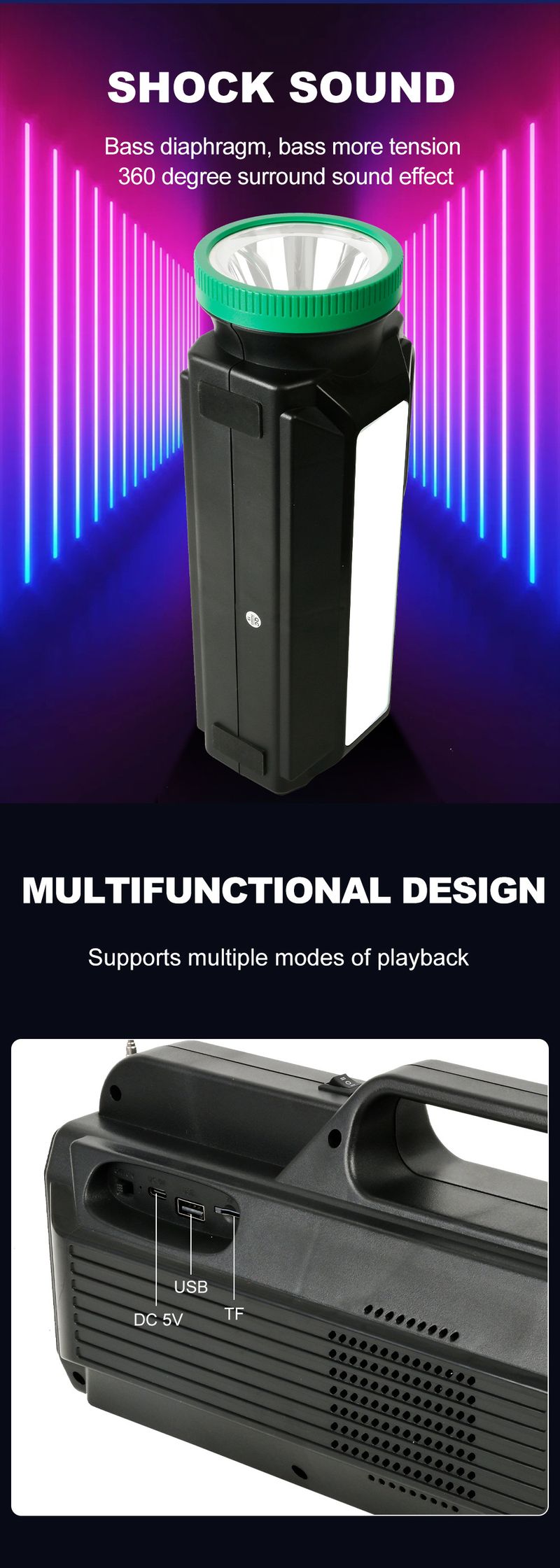 ZQS1355 Solcellsladdande utomhushögtalare med stor kapacitet, LEB-ficklampa, trådlös Bluetooth-högtalare_voghion.com
