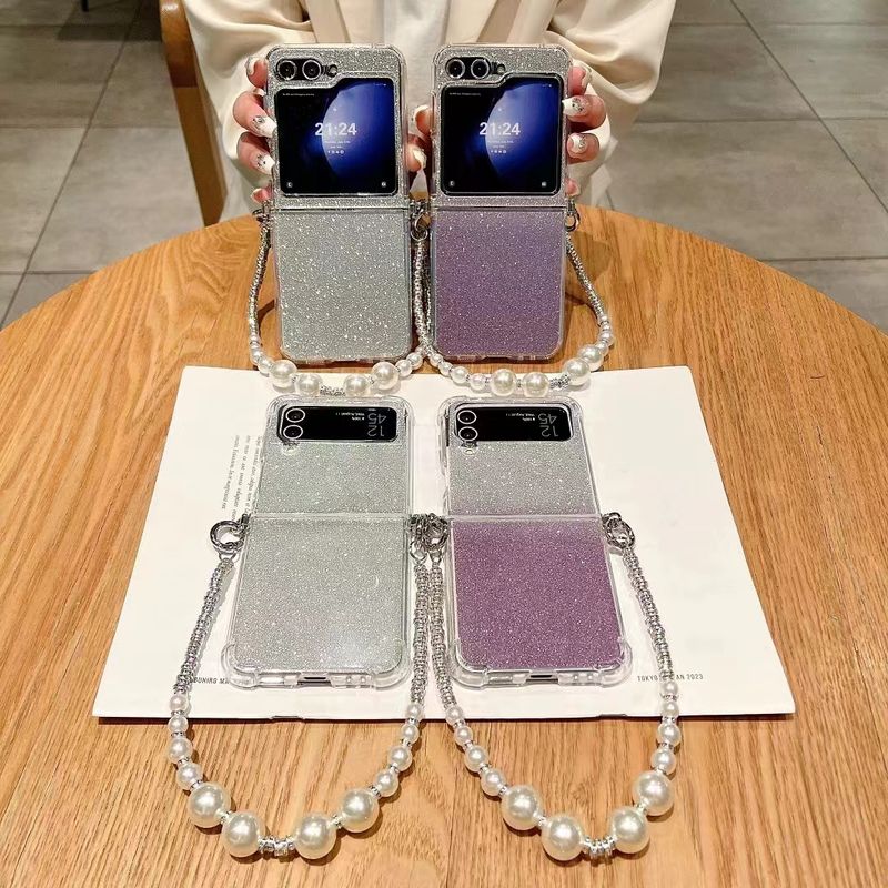 For Samsung Galaxy Z Flip 3 4 5 5G Flip4 Cute Glitter Pearl Wrist Strap phone Case Cover_voghion.com
