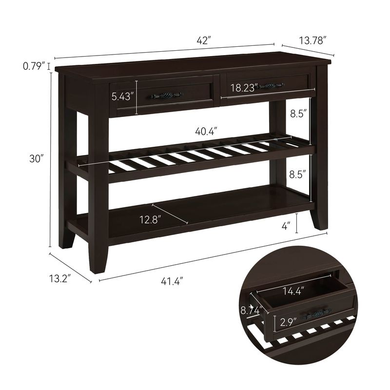 Retro Design Console Table With Two Open Shelves, Pine Solid Wood Frame And Legs For Living Room_voghion.com