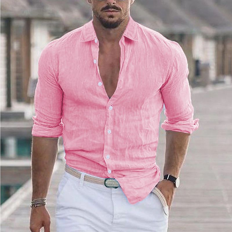 Camicia da spiaggia estiva da uomo in cotone e lino con risvolto, a maniche lunghe, tinta unita, per le vacanze hawaiane_voghion.com