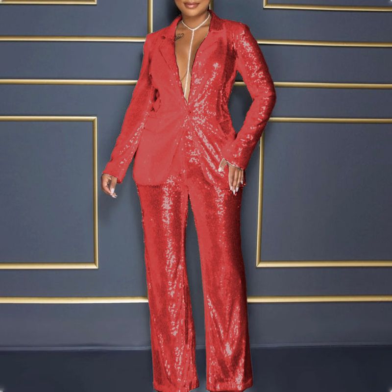 Damenbekleidung Langärmliger Jumpsuit mit V-Ausschnitt und Pailletten, zweiteiliger Anzug_voghion.com