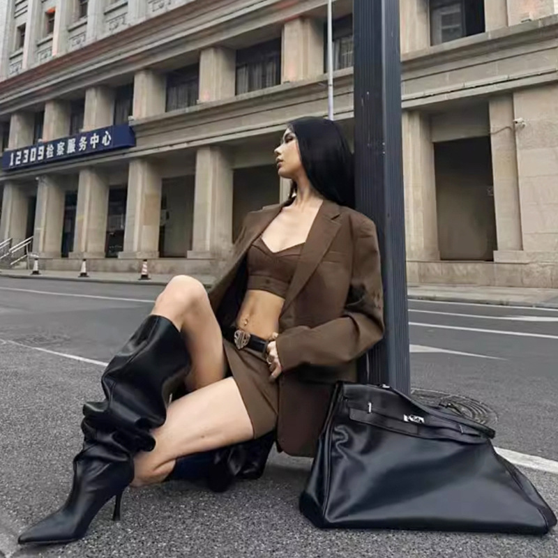 Oversized High Heeled Boots European And American Hot Girls Fashion Pointed Toe Stiletto Over The Knee Wide Pile_voghion.com