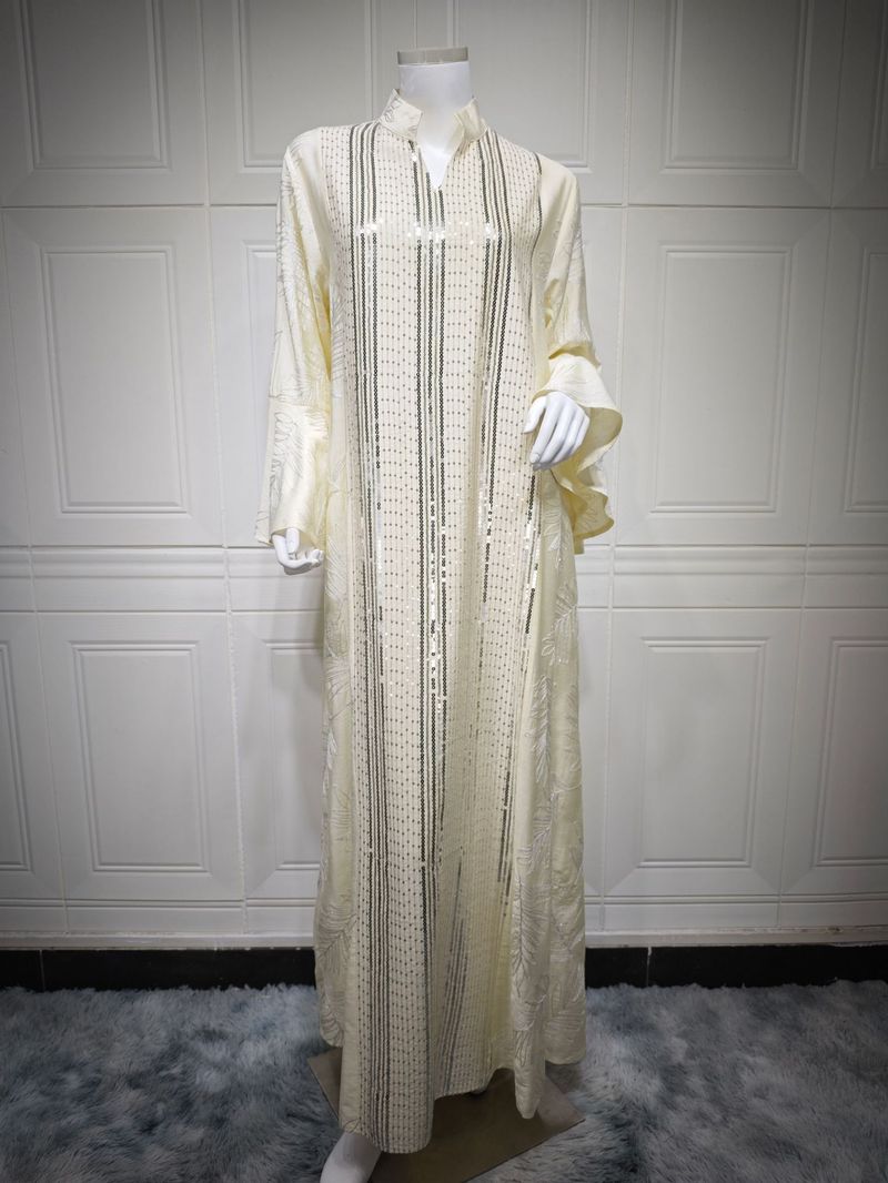 Elegant Embroidered Abaya Dress – Flowy Maxi Kaftan With Flounce Sleeves (Light Green/Yellow/Pink, S-XXL)_voghion.com