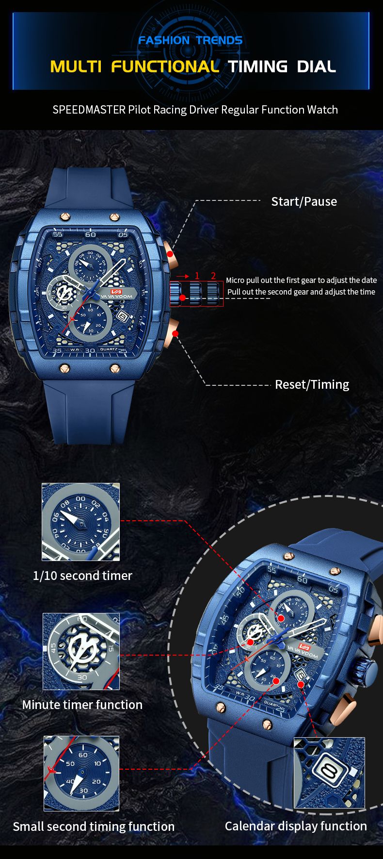 Men Watch With 47mm Large Dial Timing Multifunctional Clock Fashionable Silicone Strap Military Sports Watch For Men_voghion.com