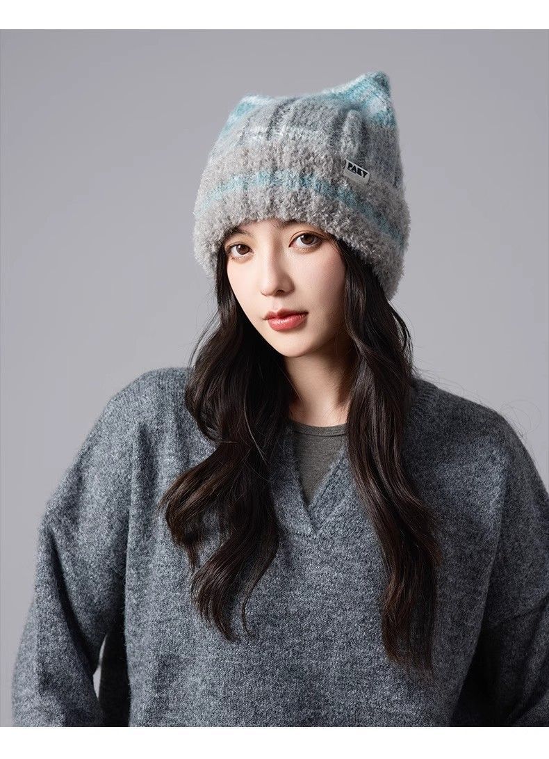 Cappello invernale versatile per donna, caldo e spesso, con orecchie di gatto, carino e dolce, lavorato a maglia, alla moda, in lana._voghion.com
