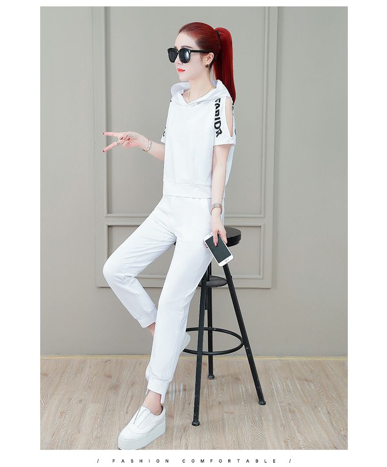 Ensemble deux pièces décontracté pour femme, tenue ample, épaules dénudées, capuche, manches courtes, pantalon long, été 2025_voghion.com