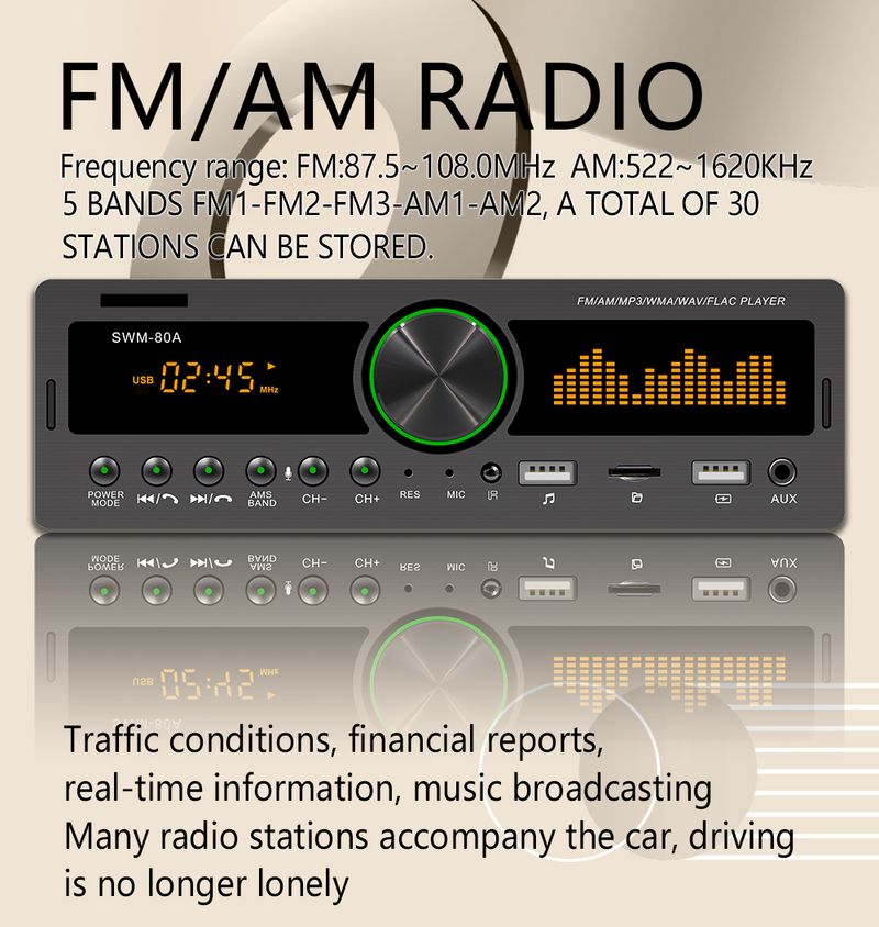 SWM-80A „Bluetooth“ autoradio automobilio stereofoninis radijas su FM Aux įvestimi, imtuvu, SD, USB, 12 V, montuojamas prietaisų skydelyje, 1 DIN automobilinis MP3 multimedijos grotuvas_voghion.com